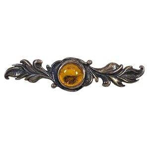 Vintage Style Bar Brooch Amber Glass Leaf Pin
